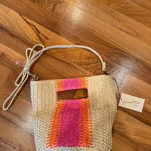 Universal thread straw pink orange tan bucket bag crossbody, hand bag resort